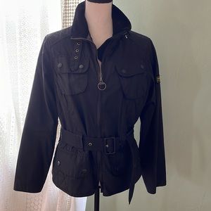 [Barbour] Black Waxed-Cotton Moto Jacket with Quilted Side Panels